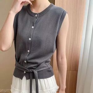 Charcoal Sleeveless Knit Top with Tie Detail